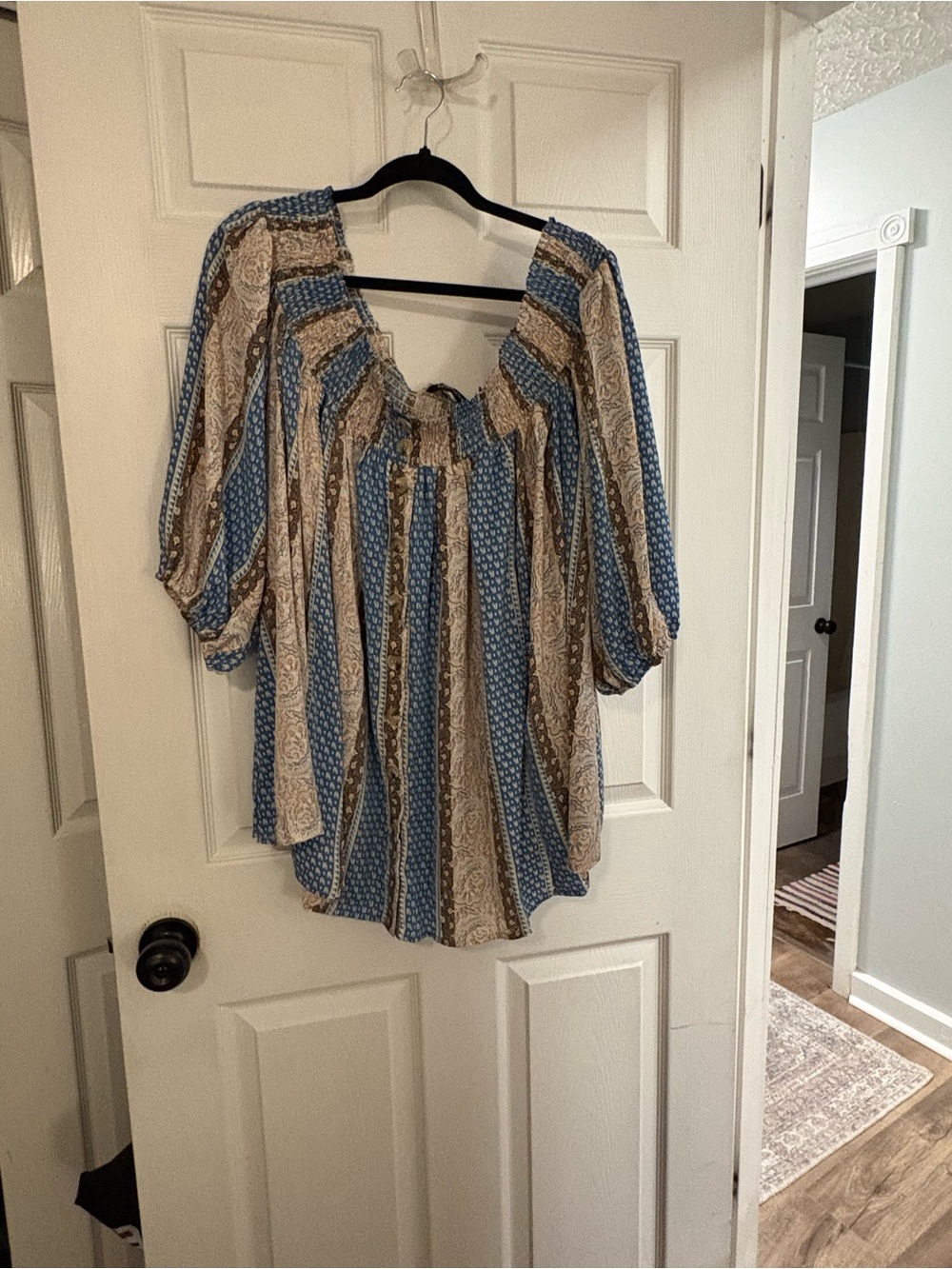 DAVI & DANI Blue and Cream Striped Boho Peasant Tunic